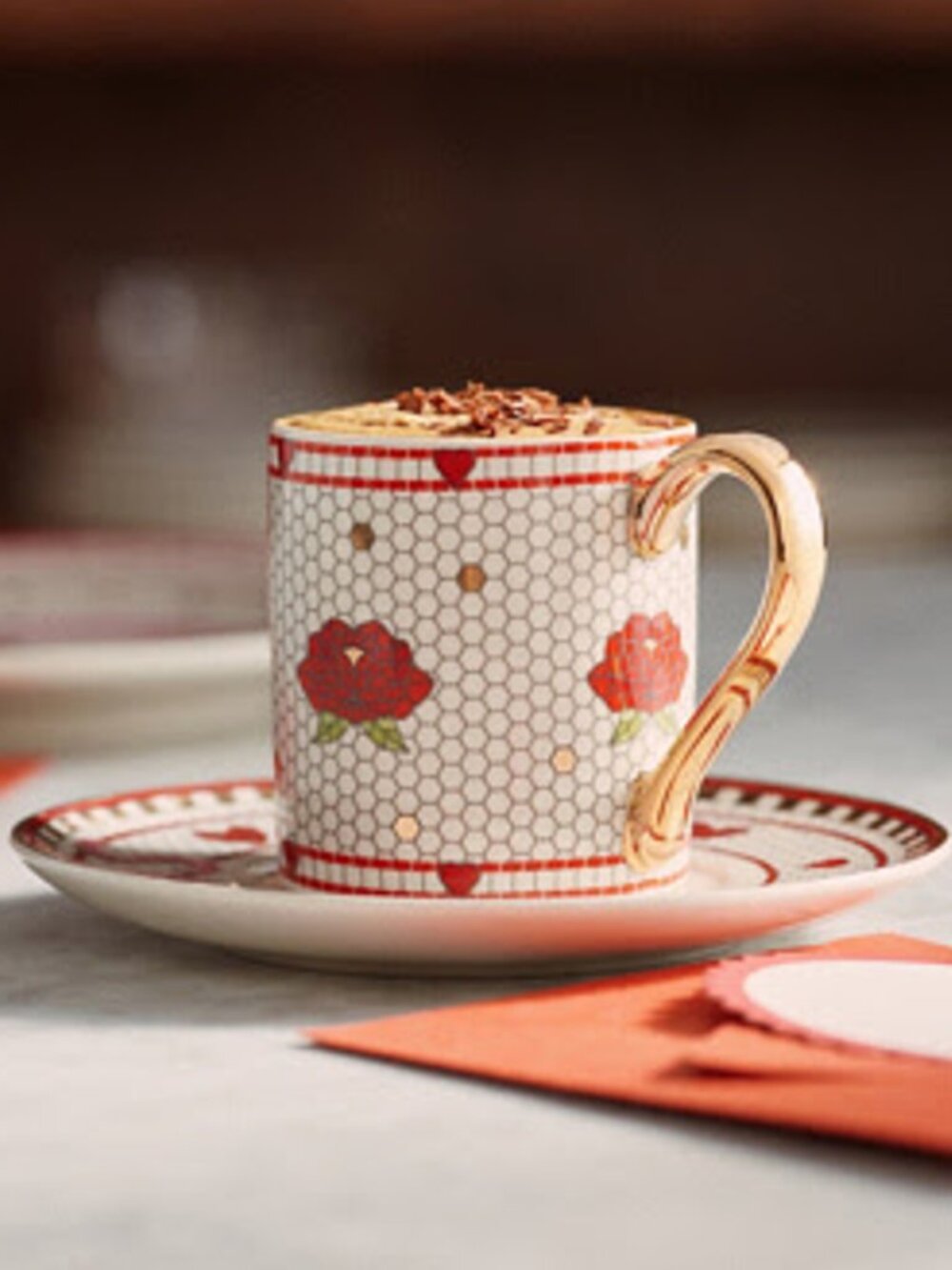 Anthropologie Bistro Tile Rose Bisous Espresso Cup & Saucer 24K Gold NEW IN BOX